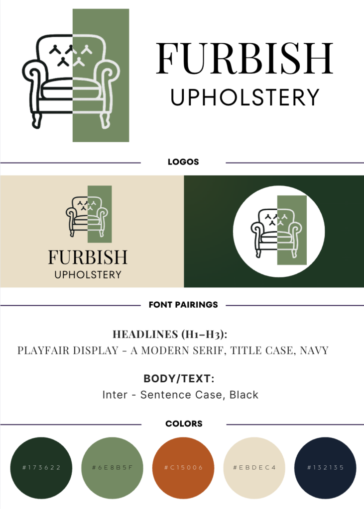 Furbish Upholstery branding board featuring logos, earthy color palette, and font styles designed for a custom upholstery business website.
